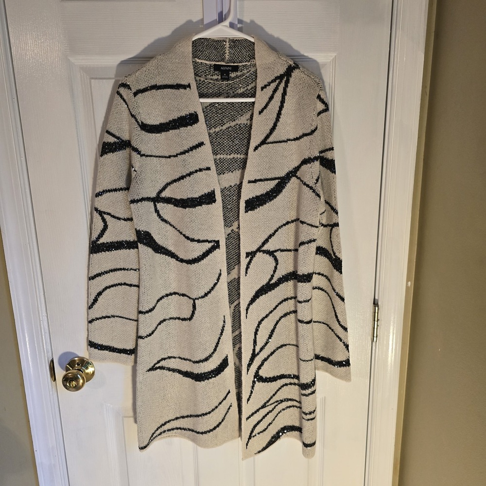 Alfani Womens Longline Sequin Abstract Wave Knit Cardigan Sweater Cream Black M